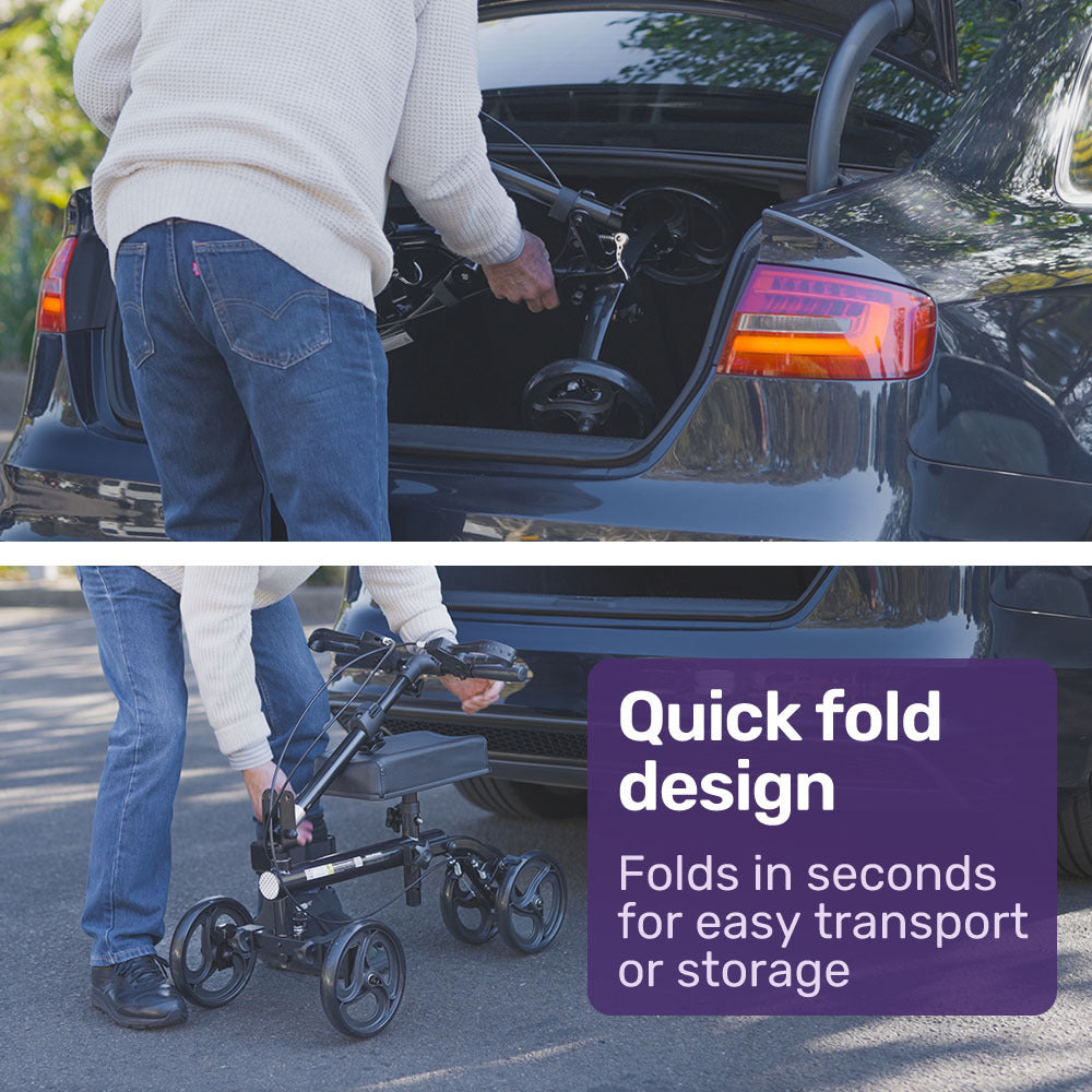 Adjustable Knee Scooter Walker with Dual Brakes, 0.2m Wheels, and Storage Bag