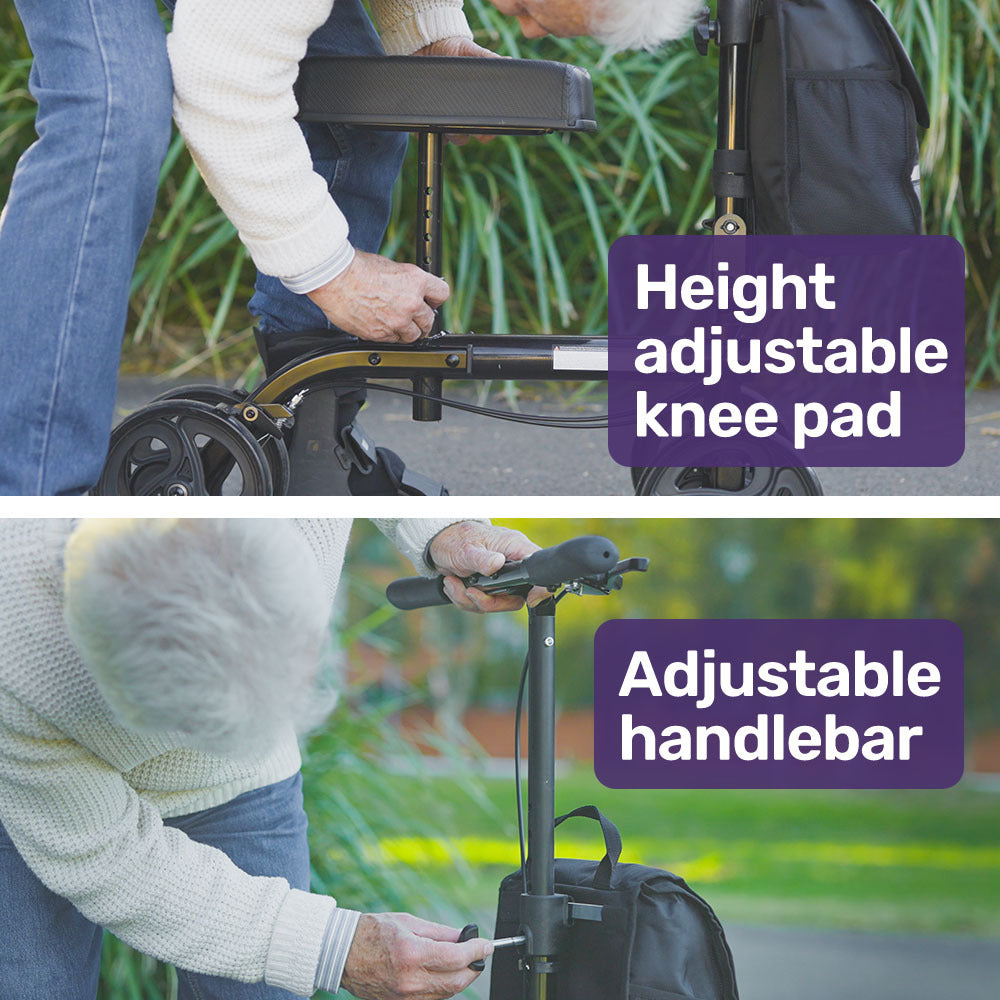 Adjustable Knee Scooter Walker with Dual Brakes, 0.2m Wheels, and Storage Bag
