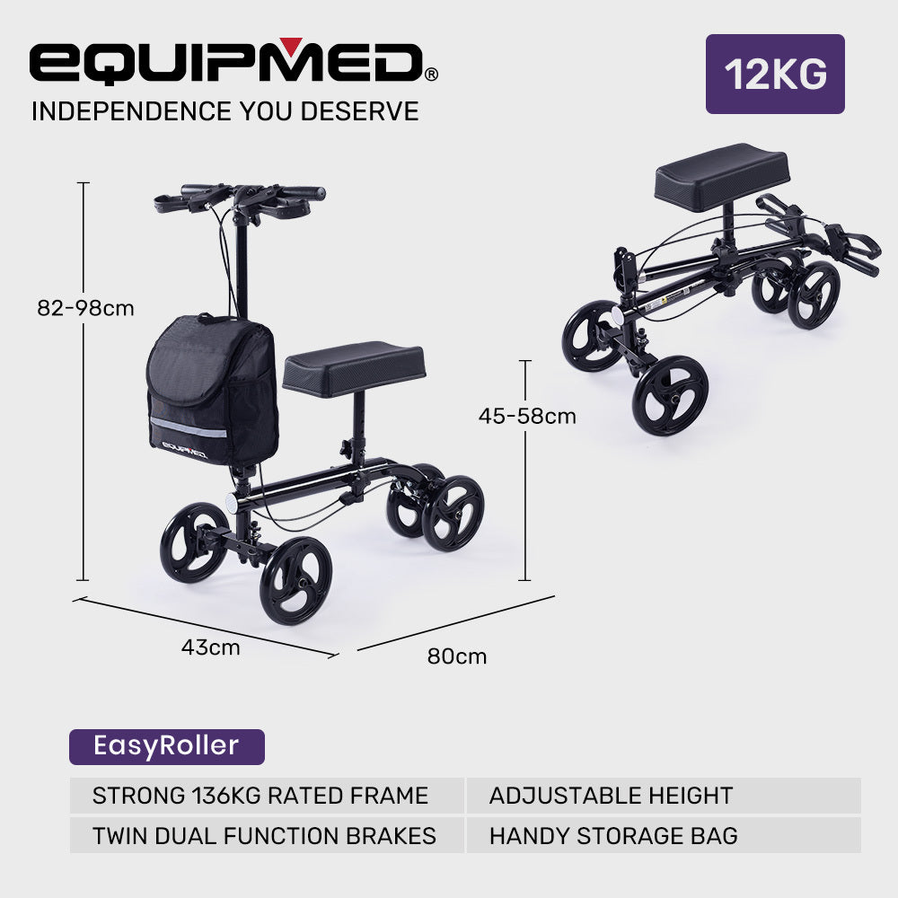 Adjustable Knee Scooter Walker with Dual Brakes, 0.2m Wheels, and Storage Bag