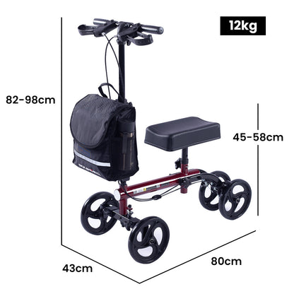 Adjustable Knee Scooter Walker with Dual Brakes and Bag, Supports Up to 136kg