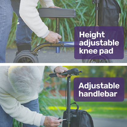 Knee Scooter Walker with Dual Brakes, 0.25m Tyres, Bag, and Foldable Design