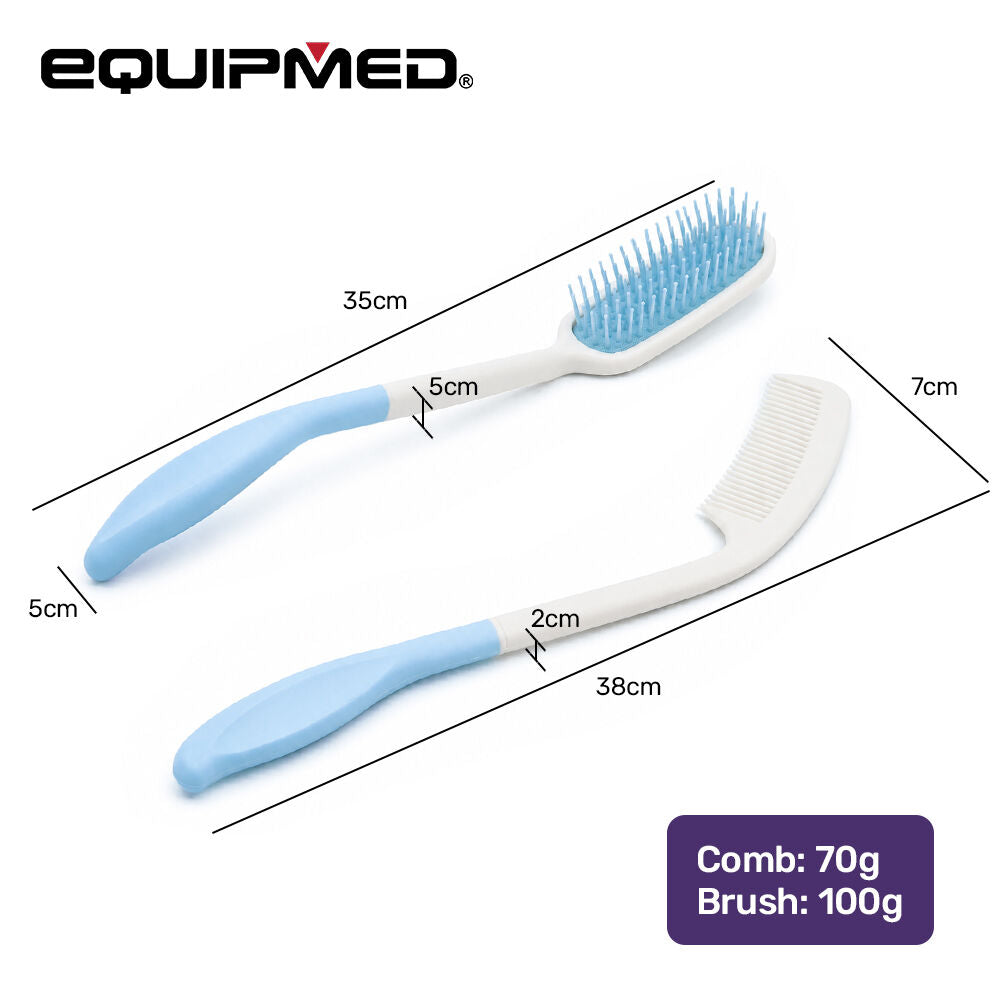 Long Handle Hair Brush & Comb Set, Easy to Use Ergonomic Detangling Padded Hairbrush, Grooming Aid for Elderly and Limited Mobility