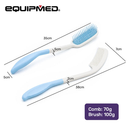 Long Handle Hair Brush & Comb Set, Easy to Use Ergonomic Detangling Padded Hairbrush, Grooming Aid for Elderly and Limited Mobility