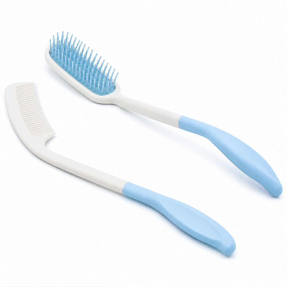 Long Handle Hair Brush & Comb Set, Easy to Use Ergonomic Detangling Padded Hairbrush, Grooming Aid for Elderly and Limited Mobility