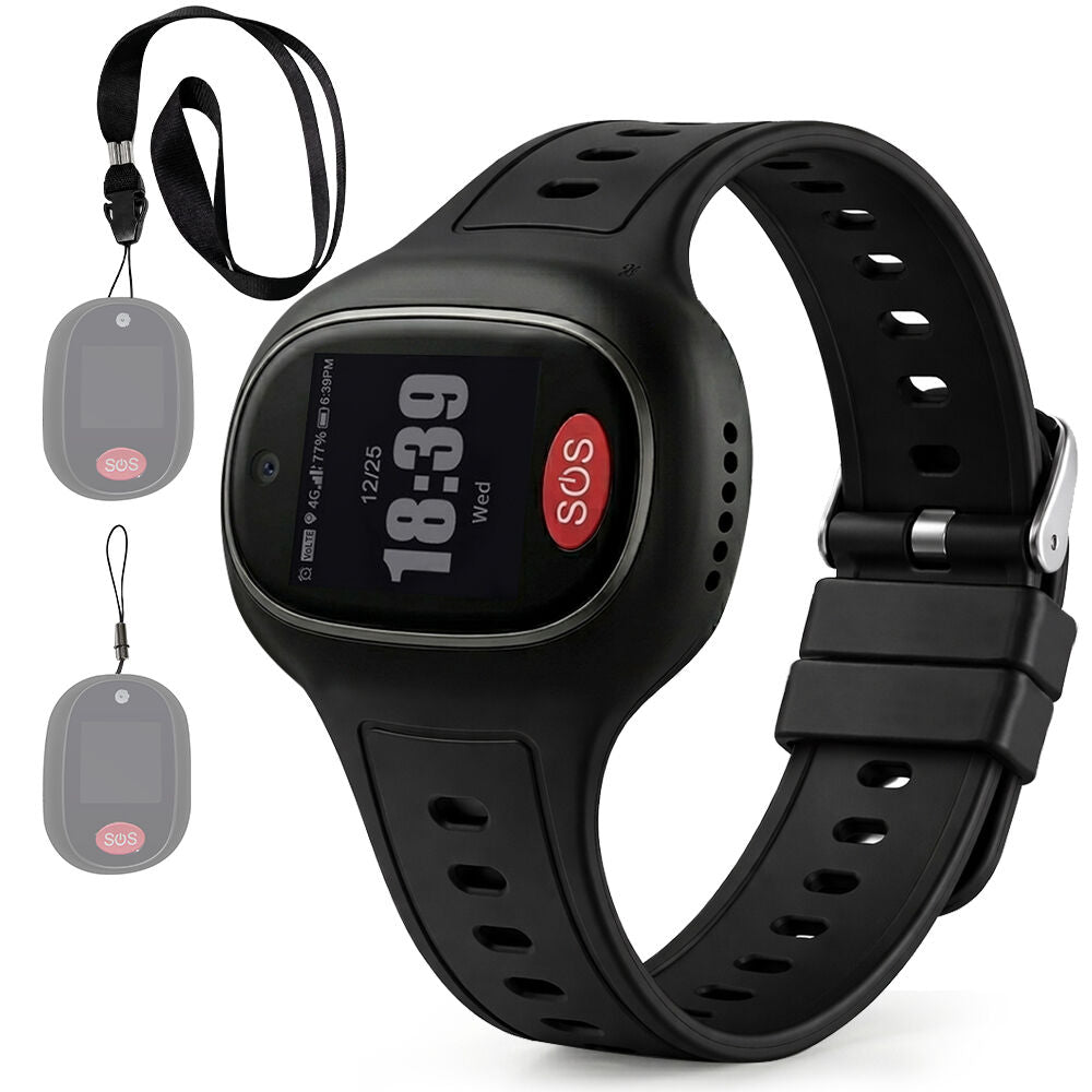 4G GPS Mobile Emergency Pendant/Bracelet with Touch Screen, Black, for Seniors, Location Tracking, 2-Way Calling, iPhone and Android Compatible, Black