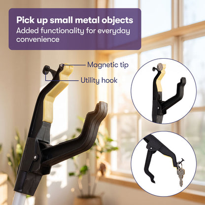 87cm Long Reach Grabber Reacher Aid, Deluxe Magnetic Pick Tip, Key Hook, Lockable Nonslip Rubber Jaws, Lightweight Alloy, Easy Reach Disability Aid
