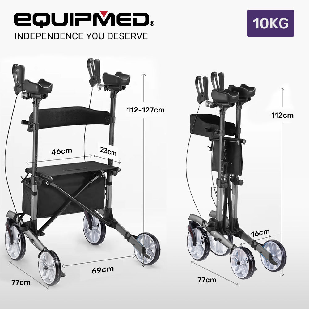 Upright Rollator Walker with Adjustable Forearm Supports and Seat, Grey