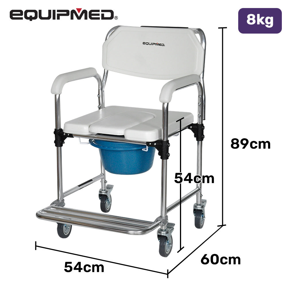 Aluminium Rolling Commode Chair with Wheels, 136kg Capacity, White/Blue