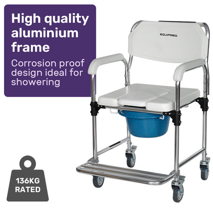 Aluminium Rolling Commode Chair with Wheels, 136kg Capacity, White/Blue