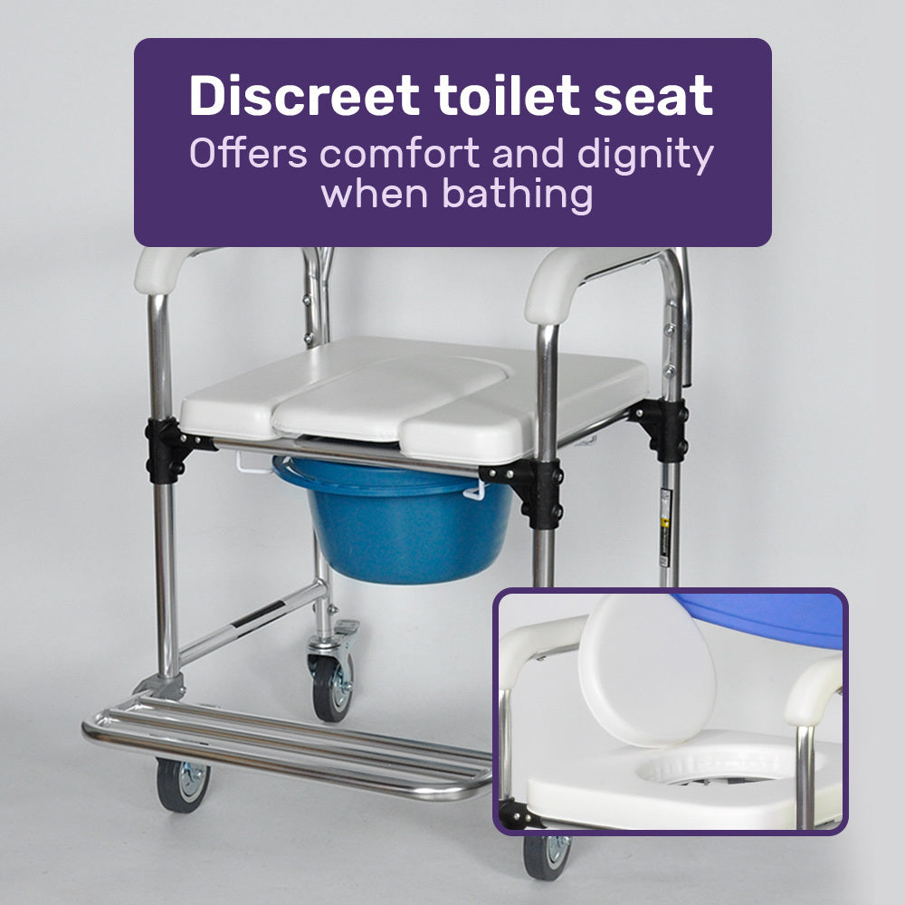 Aluminium Rolling Commode Chair with Wheels, 136kg Capacity, White/Blue