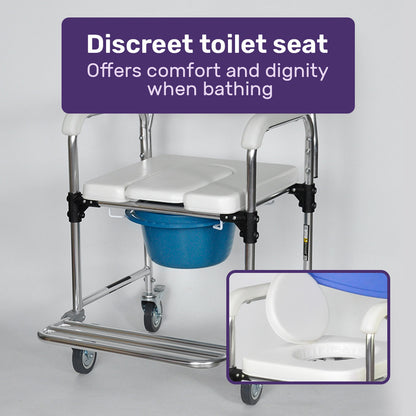 Aluminium Rolling Commode Chair with Wheels, 136kg Capacity, White/Blue
