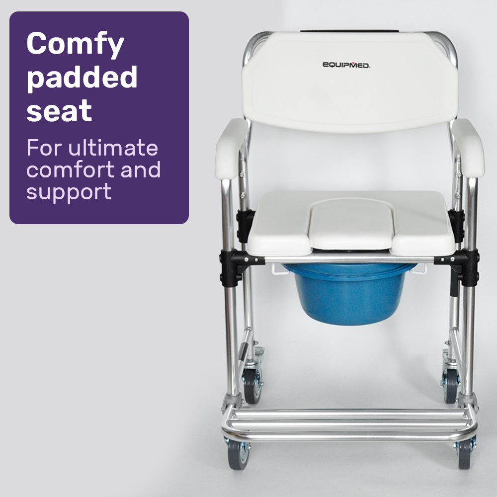 Aluminium Rolling Commode Chair with Wheels, 136kg Capacity, White/Blue