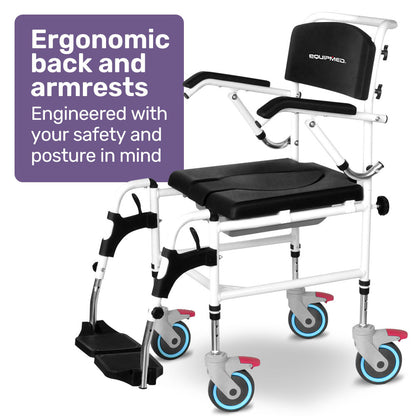 Aluminium Commode Shower Chair with Wheels, 0.125m Tyres, 136kg Capacity