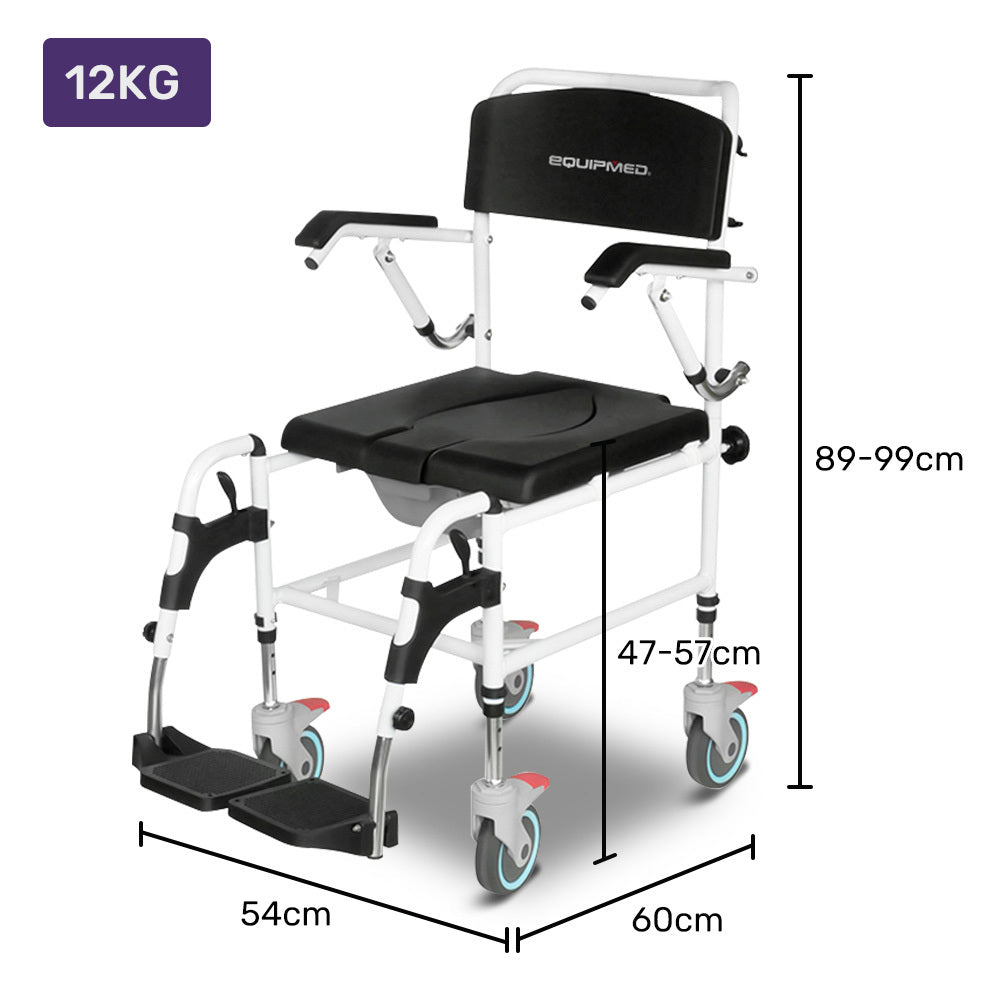 Aluminium Commode Shower Chair with Wheels, 0.125m Tyres, 136kg Capacity