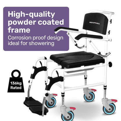 Aluminium Commode Shower Chair with Wheels, 0.125m Tyres, 136kg Capacity