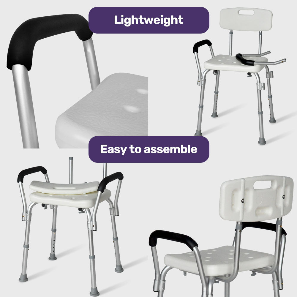 Adjustable Shower Chair with Arms, 120kg Capacity, 0.39-0.52m Height, White