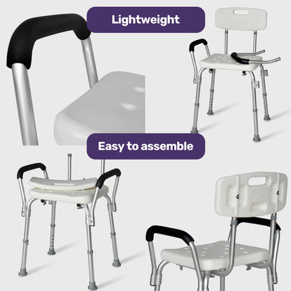 Adjustable Shower Chair with Arms, 120kg Capacity, 0.39-0.52m Height, White