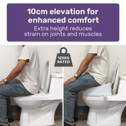 Raised Toilet Seat with Lid - 0.1m Riser, 125kg Capacity, Universal Fit, White