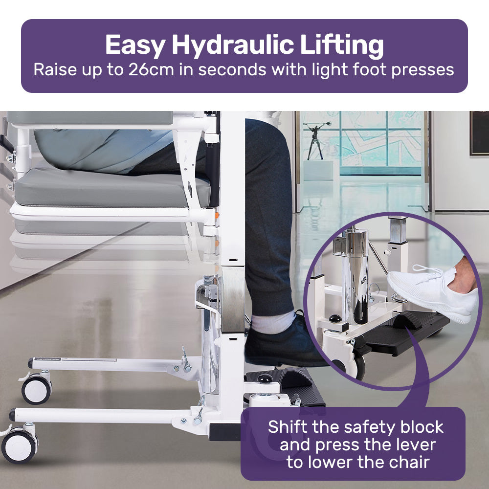 Hydraulic 4-in-1 Patient Lift Chair, Shower & Commode, 120kg Capacity