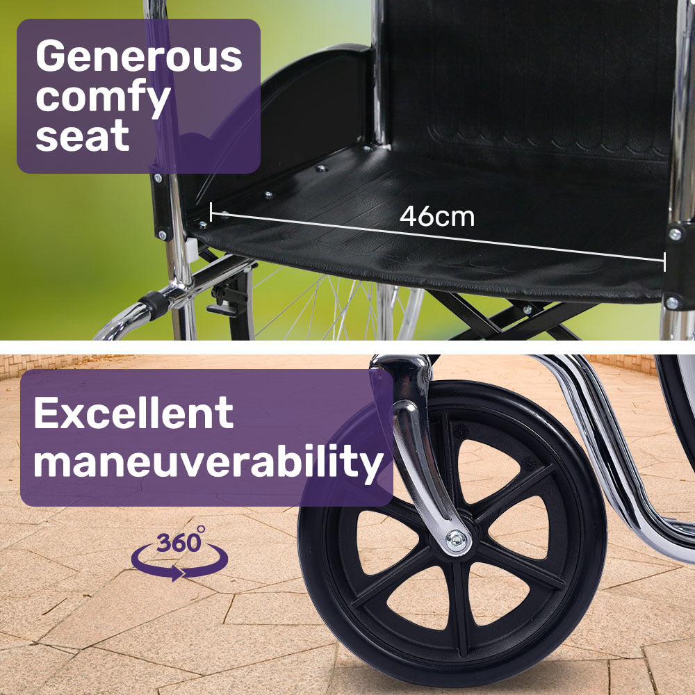 Folding Manual Wheelchair, 0.6m Rear Wheels, Steel Frame, 100kg Capacity