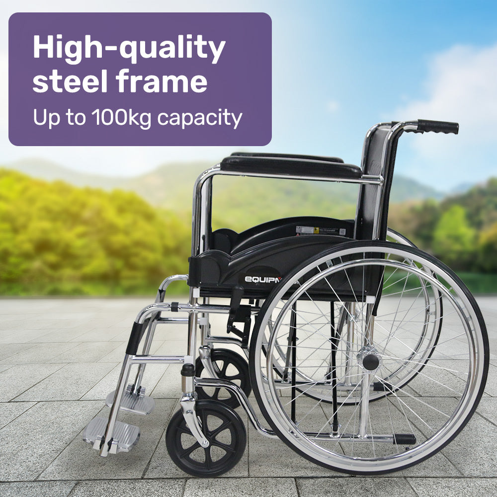 Folding Manual Wheelchair, 0.6m Rear Wheels, Steel Frame, 100kg Capacity