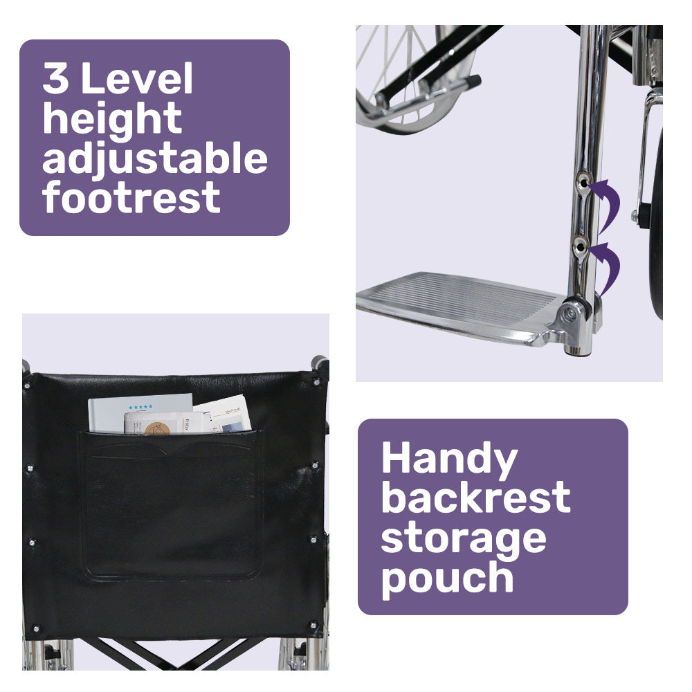Folding Manual Wheelchair, 0.6m Rear Wheels, Steel Frame, 100kg Capacity