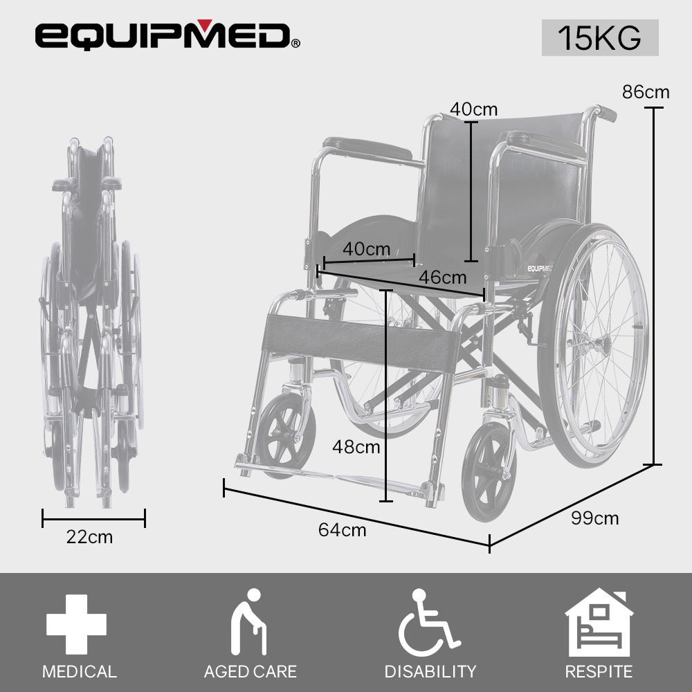 Folding Manual Wheelchair, 0.6m Rear Wheels, Steel Frame, 100kg Capacity