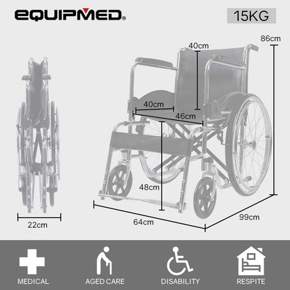 Folding Manual Wheelchair, 0.6m Rear Wheels, Steel Frame, 100kg Capacity