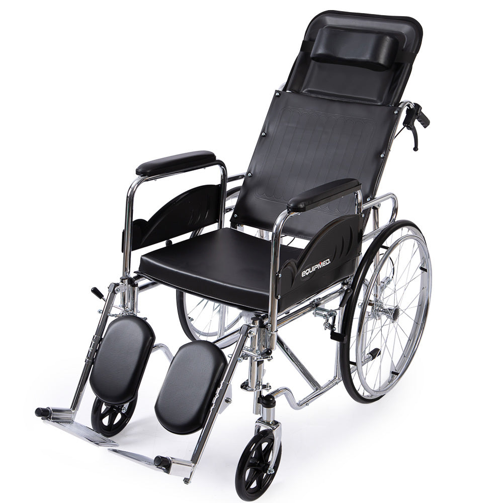 Folding Reclining Wheelchair, Chrome Steel Frame, 0.6m Wide Seat, 100kg Capacity