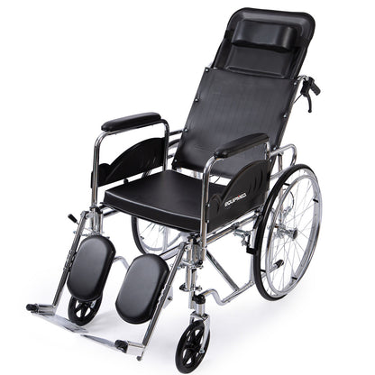 Folding Reclining Wheelchair, Chrome Steel Frame, 0.6m Wide Seat, 100kg Capacity