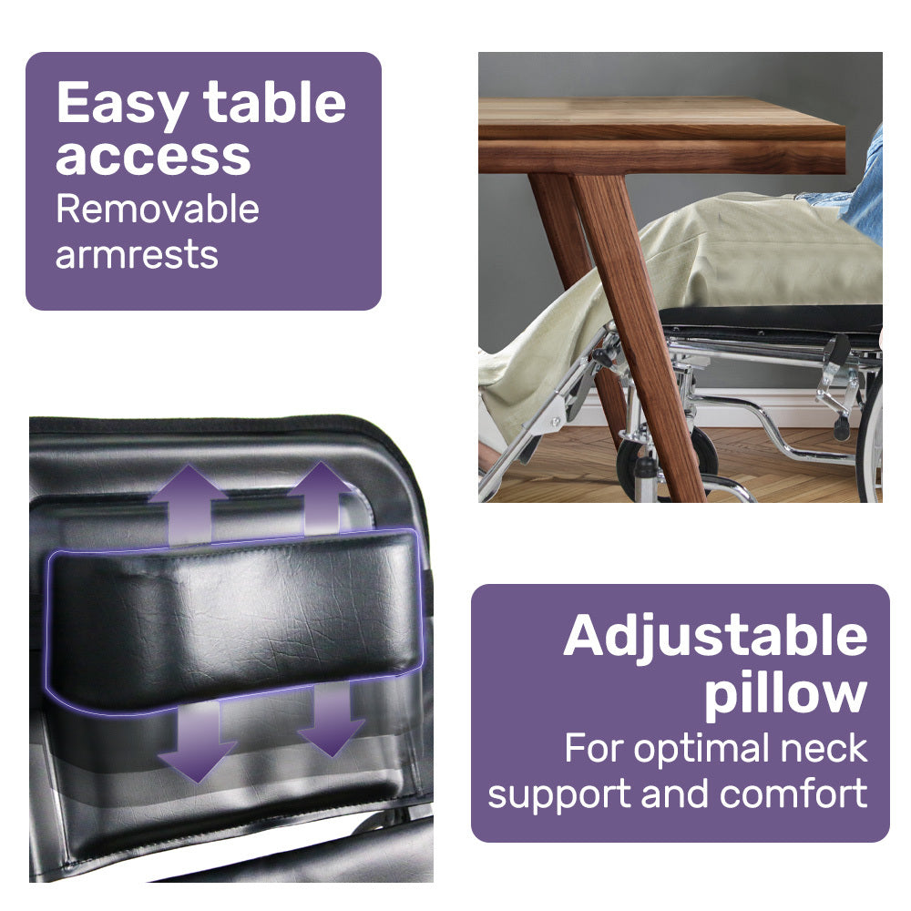 Folding Reclining Wheelchair, Chrome Steel Frame, 0.6m Wide Seat, 100kg Capacity
