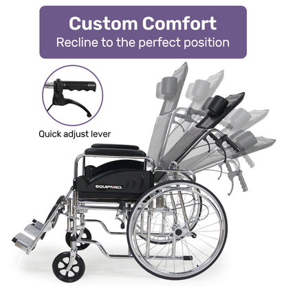 Folding Reclining Wheelchair, Chrome Steel Frame, 0.6m Wide Seat, 100kg Capacity