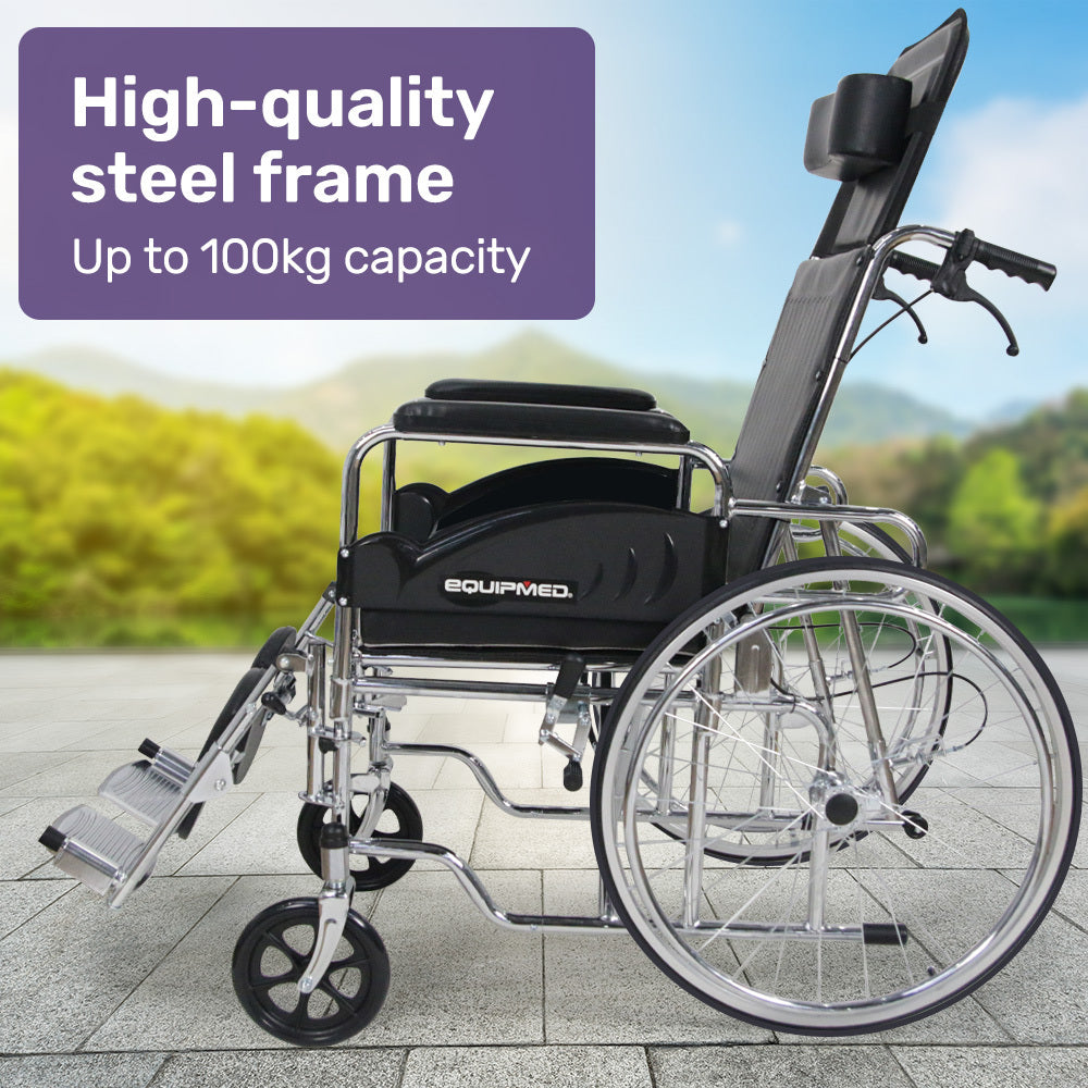 Folding Reclining Wheelchair, Chrome Steel Frame, 0.6m Wide Seat, 100kg Capacity