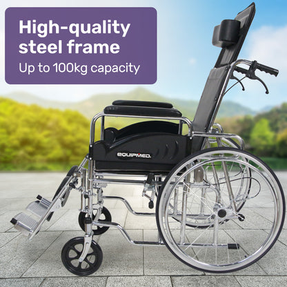 Folding Reclining Wheelchair, Chrome Steel Frame, 0.6m Wide Seat, 100kg Capacity