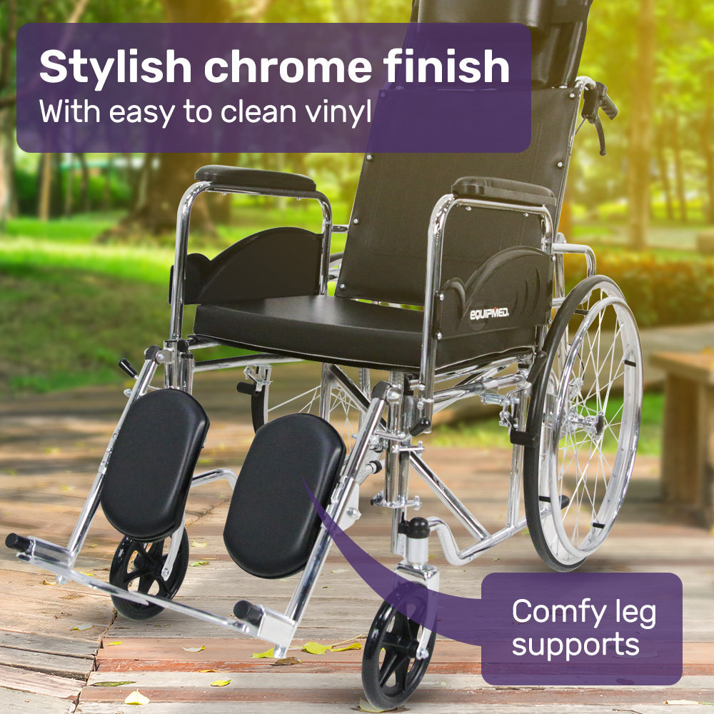Folding Reclining Wheelchair, Chrome Steel Frame, 0.6m Wide Seat, 100kg Capacity