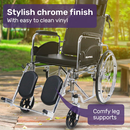 Folding Reclining Wheelchair, Chrome Steel Frame, 0.6m Wide Seat, 100kg Capacity