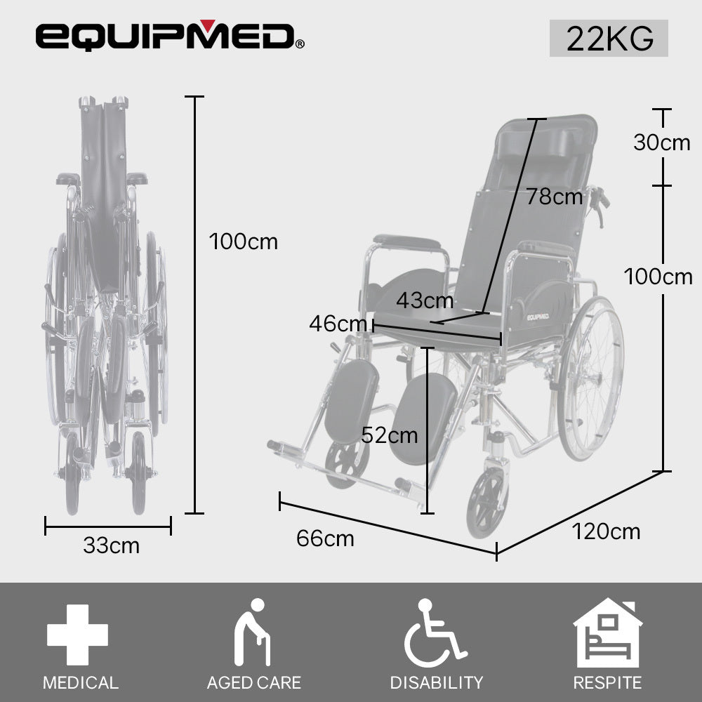 Folding Reclining Wheelchair, Chrome Steel Frame, 0.6m Wide Seat, 100kg Capacity