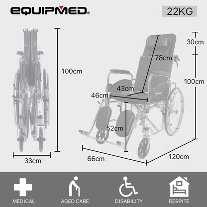 Folding Reclining Wheelchair, Chrome Steel Frame, 0.6m Wide Seat, 100kg Capacity