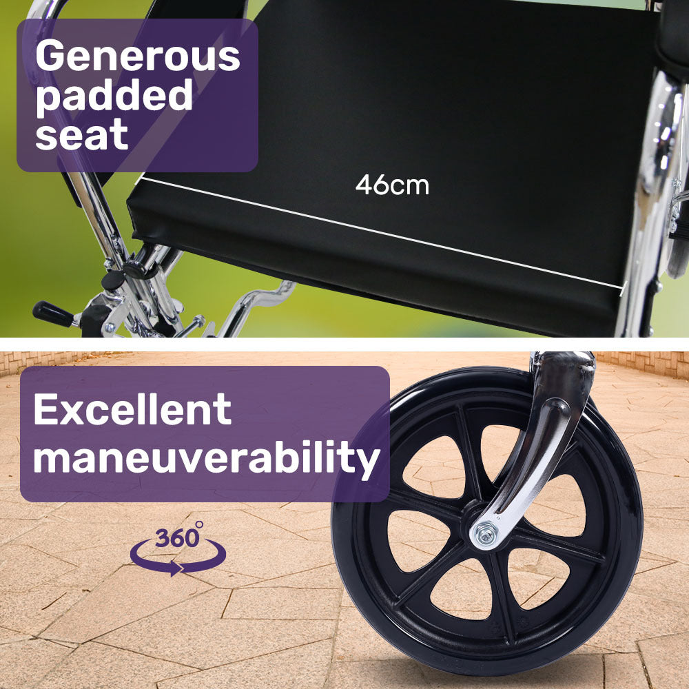 Folding Reclining Wheelchair, Chrome Steel Frame, 0.6m Wide Seat, 100kg Capacity