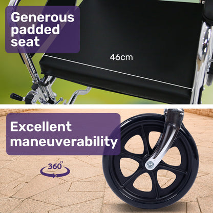 Folding Reclining Wheelchair, Chrome Steel Frame, 0.6m Wide Seat, 100kg Capacity