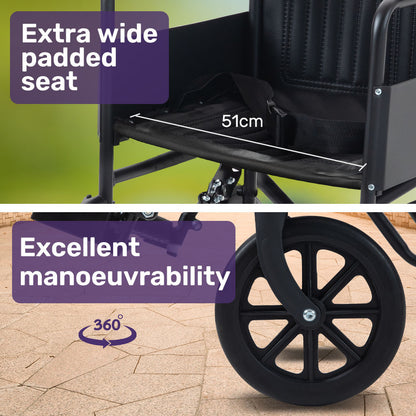 Folding Transit Wheelchair, Steel Frame, 0.51m Seat, 114kg Capacity, Park Brakes