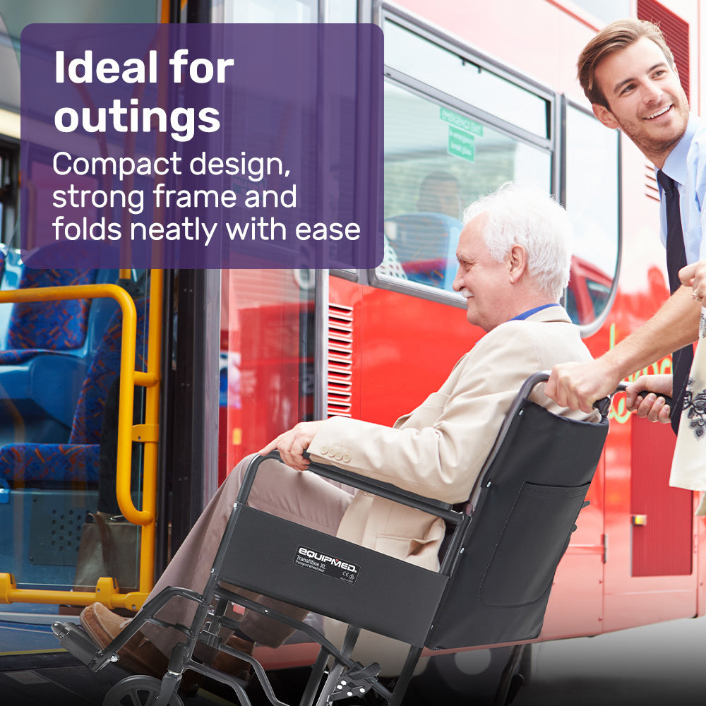Folding Transit Wheelchair, Steel Frame, 0.51m Seat, 114kg Capacity, Park Brakes