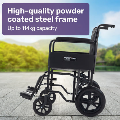 Folding Transit Wheelchair, Steel Frame, 0.51m Seat, 114kg Capacity, Park Brakes
