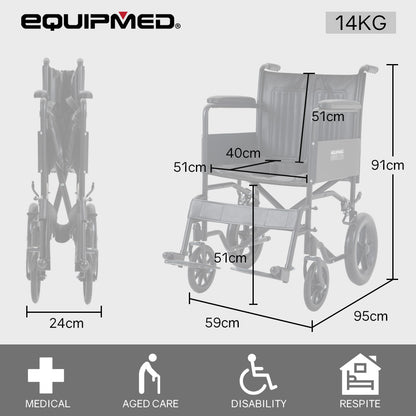 Folding Transit Wheelchair, Steel Frame, 0.51m Seat, 114kg Capacity, Park Brakes