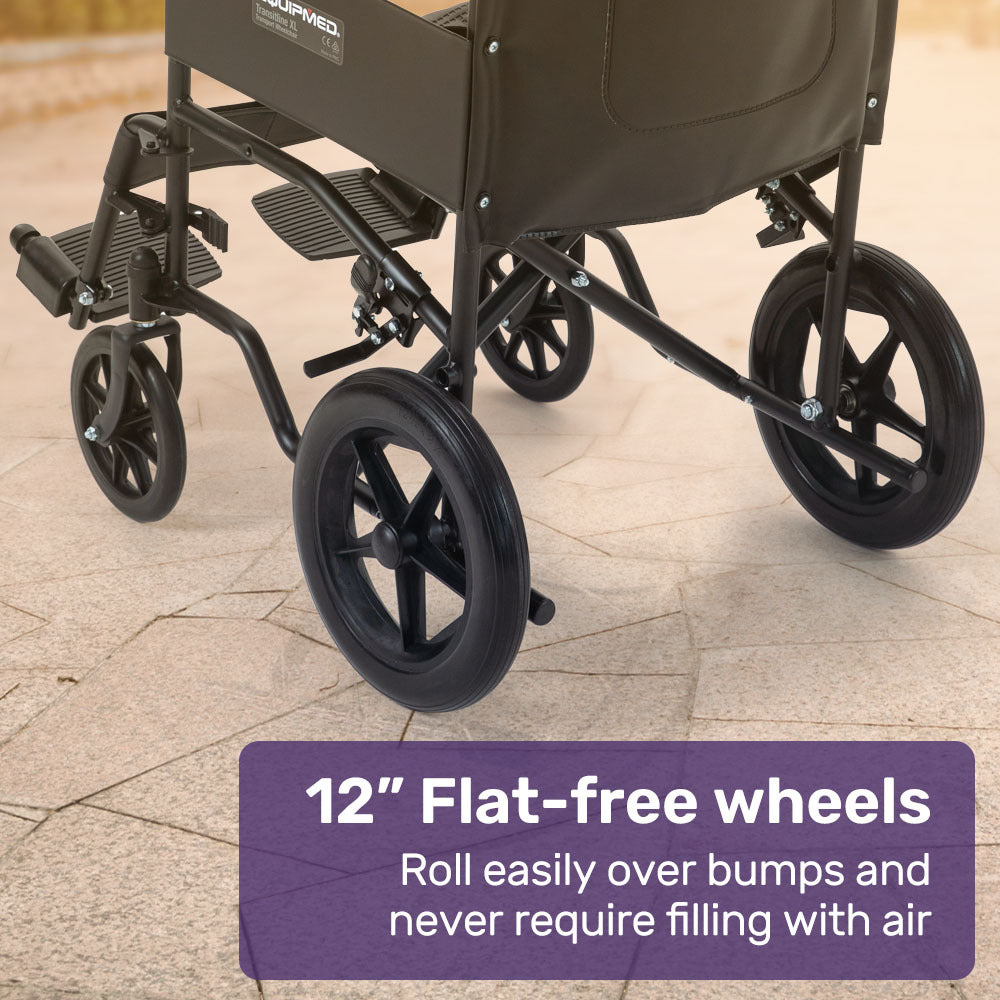 Folding Transit Wheelchair, Steel Frame, 0.51m Seat, 114kg Capacity, Park Brakes