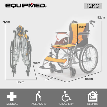 Folding Aluminium Wheelchair, 0.5m Wheels, 100kg Capacity, Orange