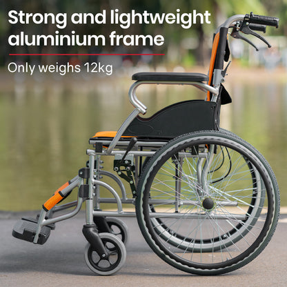 Folding Aluminium Wheelchair, 0.5m Wheels, 100kg Capacity, Orange