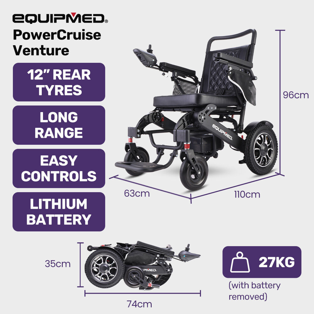 Folding Electric Wheelchair, Long Range, Aluminium Frame, 130kg Capacity, Black