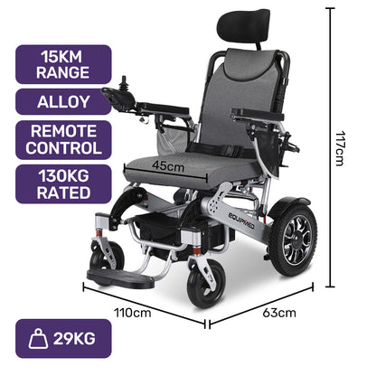 Electric Folding Wheelchair with 15km Range and Remote Control, 130kg Capacity