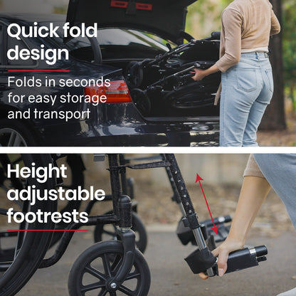 XL-Wide Quick-Folding Wheelchair, 0.61m Rear Tyres, 136kg Capacity, Dark Grey